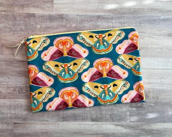 Butterfly Disco Zippered Pouch (LARGE 12.5x8.5); Cosmetic Bag, Travel Organizer; with Yellow Zipper and Yellow & White Lining