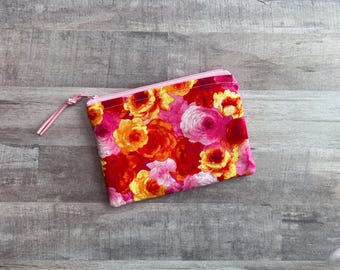 Katie Floral Zippered Pouch (SMALL 6.25x4.5); Cosmetic Bag, Coin Purse