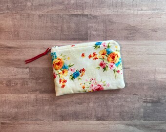 Tea Rose Floral Zippered Pouch (SMALL 6.25x4.5); Cosmetic Bag, Coin Purse; with White Zipper and Teal Lining