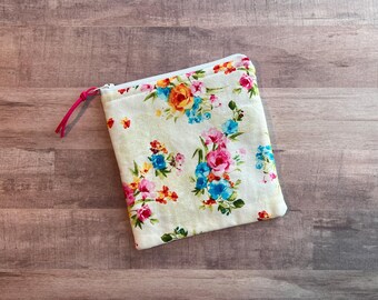 Tea Rose Floral Zippered Pouch (MEDIUM 6x6.5); Cosmetic Bag, Travel Organizer; with White Zipper and Teal Lining