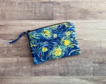 Starry Night Print Zippered Pouch: Small Cosmetic Bag, Coin Purse (6.25x4.5") with Black Zipper and Yellow Lining.