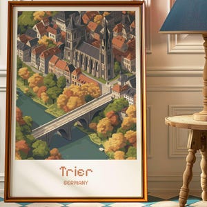 Poster pixel art di Treviri, Germania - Stampa artistica da parete con cattedrale e ponte in autunno, decorazione da viaggio vintage, regalo per la casa con paesaggio urbano europeo, regalo da viaggio
