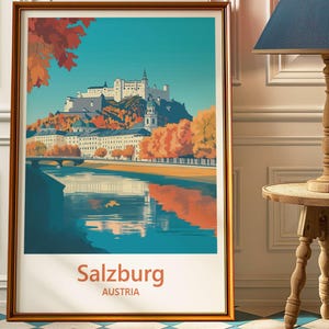 Pôster de Salzburgo, Áustria - Impressão de arte de parede cênica - Paisagem de outono - Fortaleza histórica - Decoração colorida para casa - Ilustração de viagem para presente