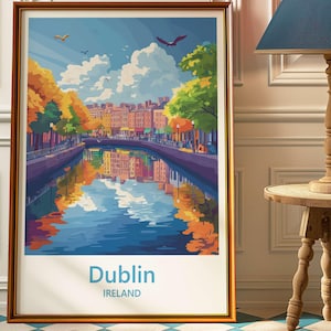 Pôster de Dublin, Irlanda - Arte de parede com paisagem urbana vibrante - Impressão colorida de cena do rio Dublin - Decoração de casa com vista para a cidade no outono - Impressão de arte de viagem para presente