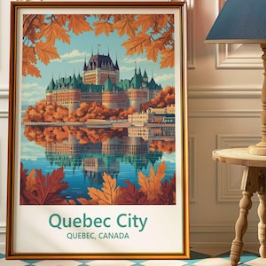 Arte murale della città di Quebec - Poster del Castello Frontenac - Stampa di paesaggio autunnale - Decorazione da viaggio in Canada - Opera d'arte con fogliame autunnale - Regalo da viaggio in Canada