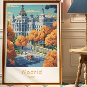 Poster pixel art di Madrid, Spagna - Arte murale di viaggio vintage - Stampa di città retrò - Decorazione per la casa con architettura europea autunnale - Regalo Spagna