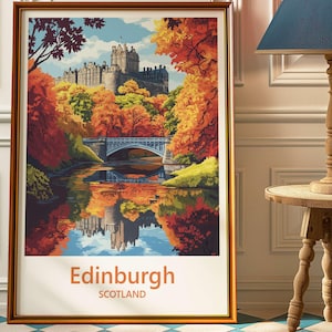 Póster de otoño del Castillo de Edimburgo - Impresión artística mural de Escocia - Decoración de paisajes coloridos - Obra de arte otoñal - Impresión de regalo de paisaje urbano histórico