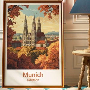 München Deutschland Poster - Atemberaubende gotische Kathedrale Wandkunst - Herbst Stadtbild Druck - Europäische Architektur Reise Dekor Geschenk