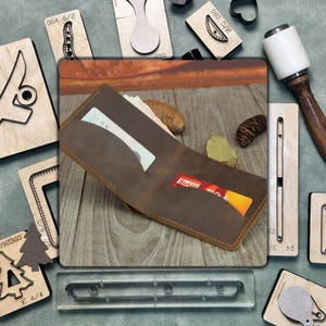 Découpage en cuir minimaliste de portefeuille, découpage en métal fait main de couteau en acier en cuir fait main, ensemble d'outils de poinçon de papier kraft d'artisanat en cuir