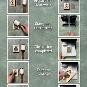 May include: A step-by-step guide to die cutting leather. The image shows the process, from preparing materials to the final cut. Includes wooden die cut stamps, leather pieces, and a mallet. Text on the image reads "Die cutting steps".