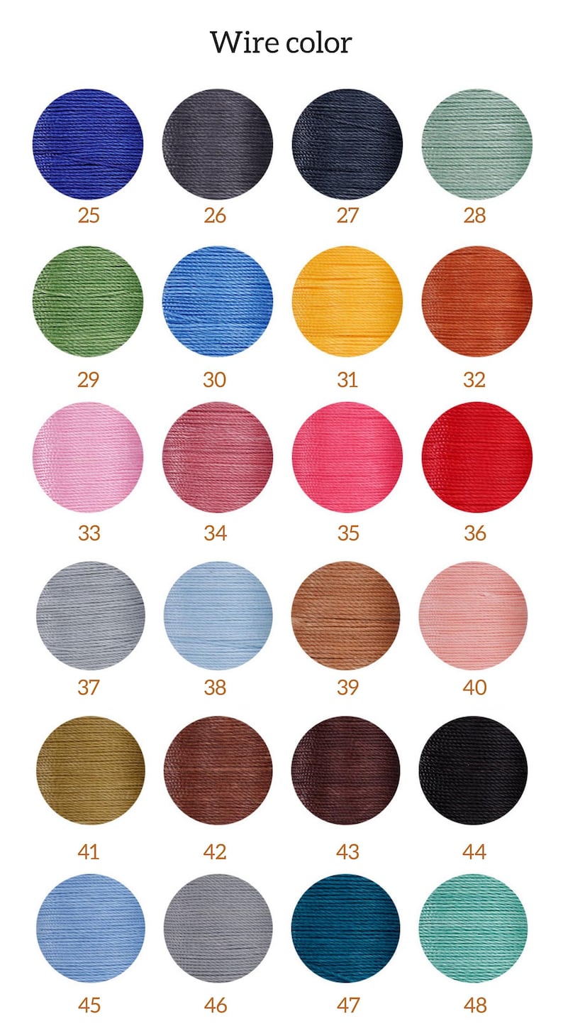 May include: Chart of 24 different colored wires, numbered 25 through 48. The wires are arranged in four rows of six, with each wire represented by a circle.