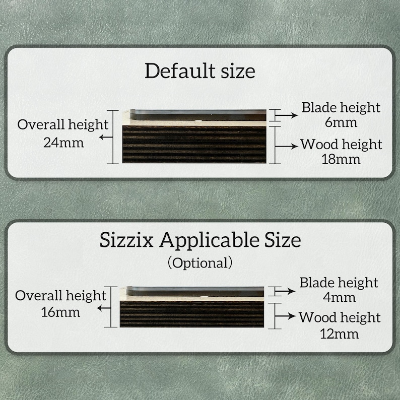 May include: Image showing size specifications for a product. The "Default size" has an overall height of 24mm, with a blade height of 6mm and wood height of 18mm. The "Sizzix Applicable Size" has an overall height of 16mm, with a blade height of 4mm and wood height of 12mm.