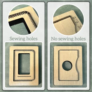 May include: Two wooden die-cut templates for crafting. One features a rectangular frame with sewing holes, the other a similar frame without holes. The image includes close-ups of the corners, and the text "Sewing holes" and "No sewing holes".