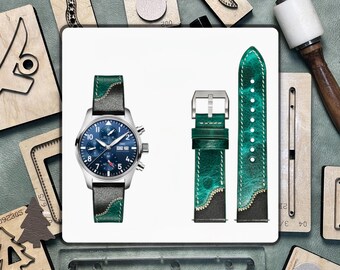May include: A silver wristwatch with a blue face and a green and gray leather strap. A matching green leather watch strap is also displayed. Various wooden tools and templates surround the watch.
