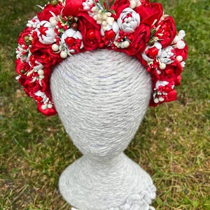 Ukrainian Red White Flower Crown | Handmade Folk Wreath | Boho Festival Headpiece | Wedding Floral Hair Accessory