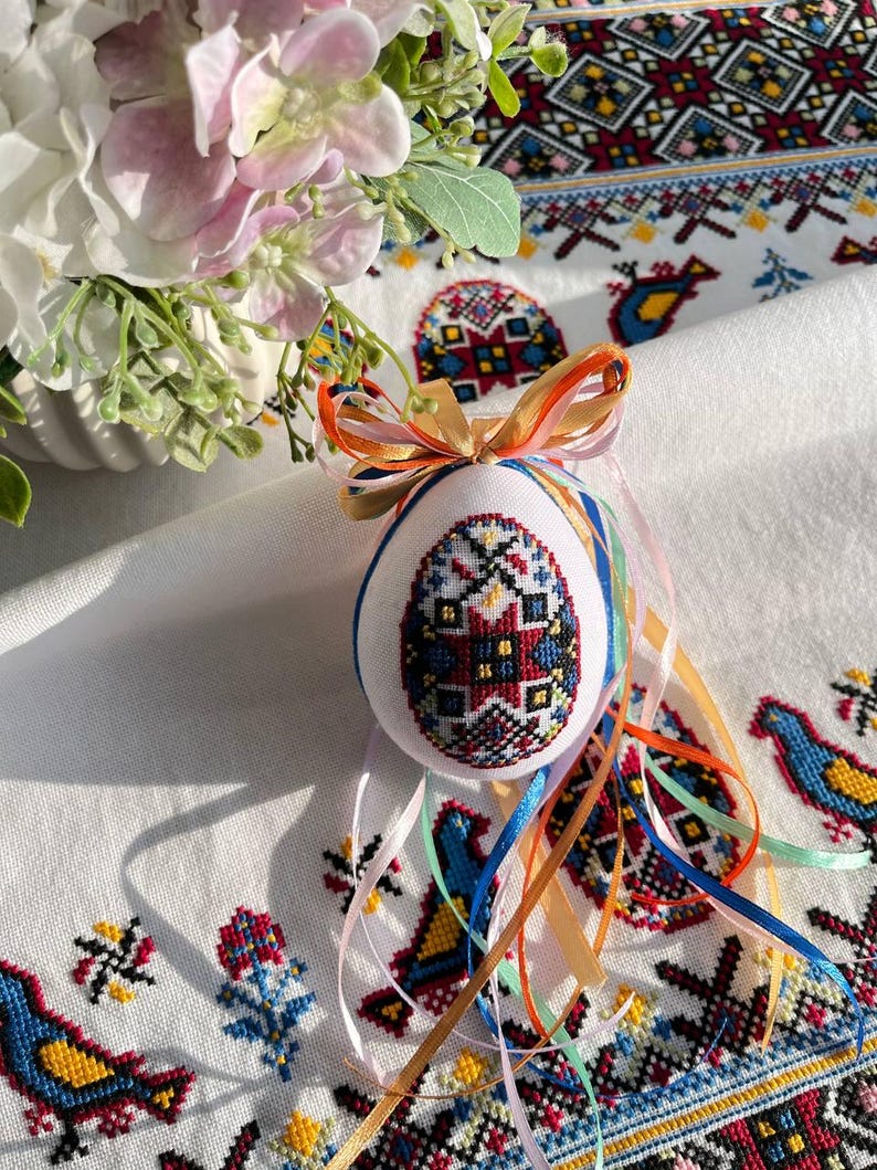 Hand Embroidered Ukrainian Rushnyk Towel and Pysanka Egg Set, Folk ...