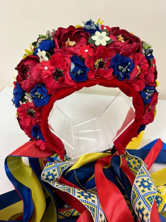 Colorful Floral Headband with Red, Yellow, and Blue Blooms Ukrainian Flower Crown, Red Blue and Yellow Headband, Fake  main image 3