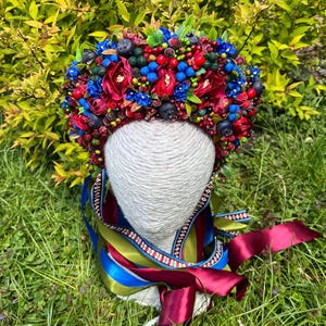 Ukrainian Wedding Flower Crown | Handmade Vinok Headpiece | Red Blue Berry Floral Halo