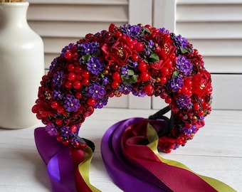Folk Flower Crown Red Berry Headpiece Boho Festival Bridal Wreath