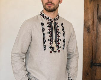 Camisa Vyshyvanka de lino para hombre bordada estilo étnico minimalista ucraniano