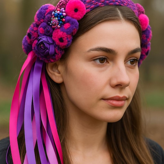 Handmade Ukrainian Beaded Headband With Ribbons 