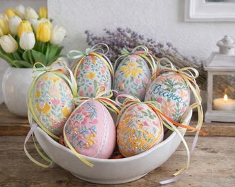 Hand Embroidered Easter Eggs Set of 6, Double-Sided Textile Pysanky, 10 cm Fabric Easter Decorations with Ribbons