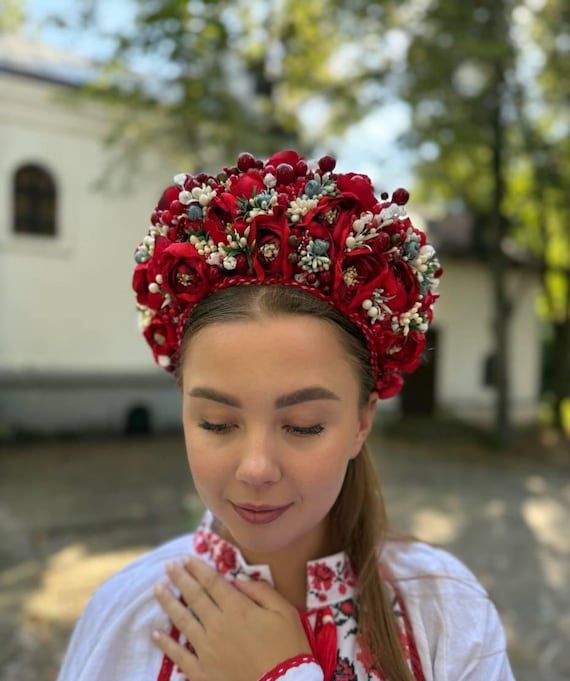 Hand Crafted Deep Red Floral Hair Crown with Greenery Deep Red Flower Crown - Etsy main image 3