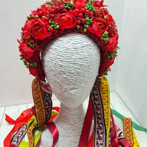 Red Slavic Flower Crown – Handmade Ukrainian Wreath with Fabric Flowers & Berries – Folk Headpiece with Ribbons, red ethnic wreath