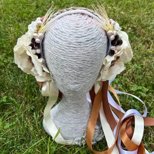 Boho Floral Wreath Headband – Handmade Beige and Brown Flower Crown with Ribbons for Photoshoot or Festival