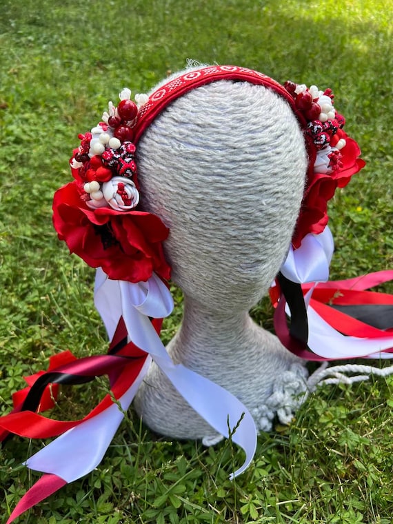 Handmade Red & White Floral Headband Crown With Ribbons  display picture 3