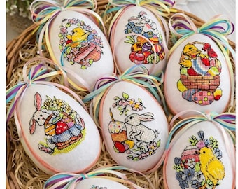 Handgeborduurde paaseieren set van 6, handgemaakte stoffen paasdecoraties, uniek lentedecor, textieleieren van 10 cm