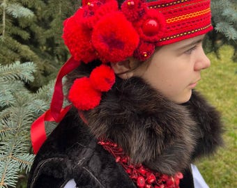 Handmade Ukrainian Floral Headband with Pom Poms | Adjustable Folk Headpiece for Girl or Adult