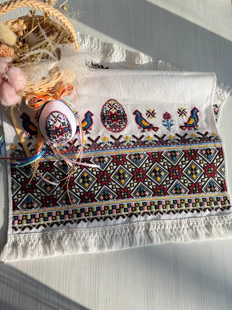 Hand Embroidered Ukrainian Rushnyk Towel and Pysanka Egg Set, Folk ...