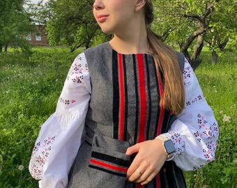 Exclusive Wool Ukrainian Kyrsetka Vest with Pocket Belt, Handmade Folk Waistcoat, Embroidered Trim