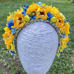 Ukrainian Flower Crown Yellow Blue, Sunflower Headband | Folk Festival Halo | Handmade Floral Wreath | Slavic Hair Accessory, Boho Headpiece
