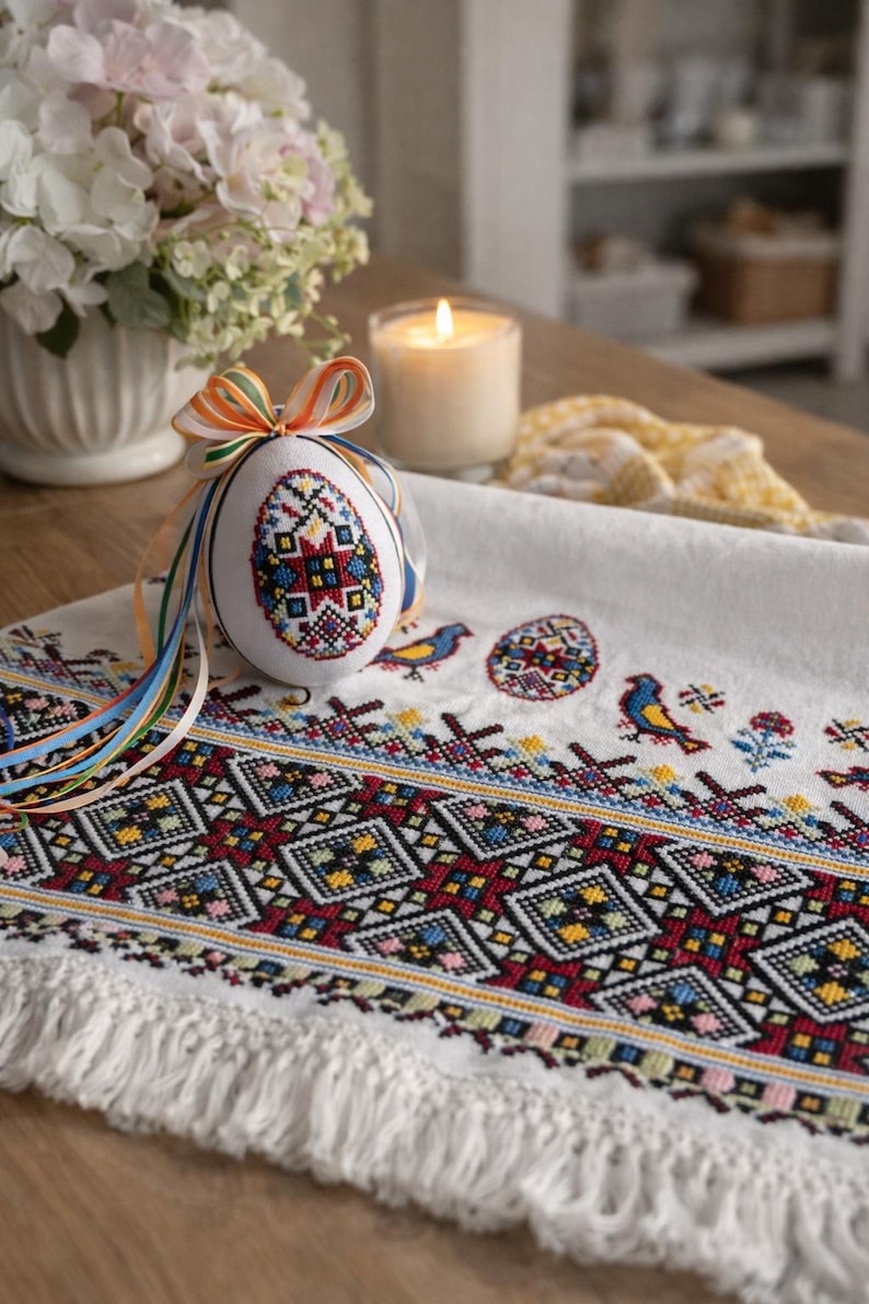 Hand Embroidered Ukrainian Rushnyk Towel and Pysanka Egg Set, Folk ...
