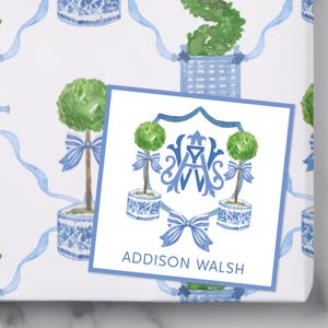 Printable | Watercolor Blue Topiary Interlocking Monogram Crest Gift Enclosure Cards | Gift Tags | DIY