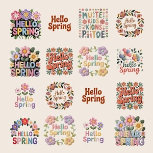 Op de afbeelding: Een verzameling kleurrijke bloemmotieven met de tekst "Hello Spring" in verschillende lettertypen en arrangementen. Sommige ontwerpen tonen de tekst in bloemenkransen of omringd door bloemen. Het algemene thema is lente en bloemen.