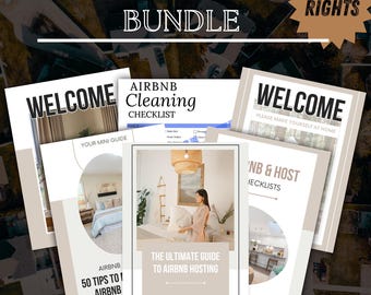 May include: An Airbnb hosting bundle with the text "AIRBNB HOSTING BUNDLE" at the top. The bundle includes several guides and checklists, including a cleaning checklist and a guide titled "THE ULTIMATE GUIDE TO AIRBNB HOSTING". The words "PLR RIGHTS" are also visible.