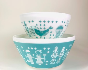 Juego de 2 cuencos para mezclar con estampado de mantequilla inspirado en Pyrex de estilo vintage Rise n' Shine 6c 10c 224