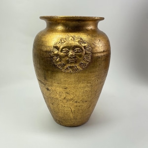 Vaso vintage fiorentino italiano a forma di sole - 10&quot; in terracotta / finitura oro antico / arredamento di fine XX secolo / stile mediterraneo n. 112