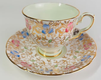 Vintage Royal Stafford Floral Mint Gold Tea Cup Saucer Set Porcelain England 246