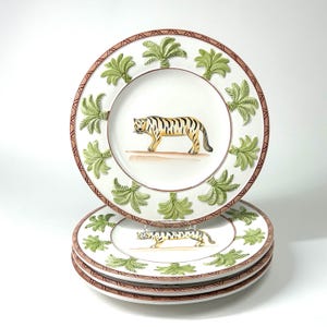 RARE Les Ottomans Le Tigre Hand Painted Italian Flat Plates Set of 4 – Palm Rim Dinnerware 8.75” Collectible Decor #154