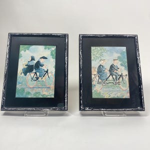 Para zabytkowych francuskich pocztówek – Para na przejażdżce rowerowej w ramce | 8”x6,5” Carte Postale Prints | MJ Design Framing USA #124