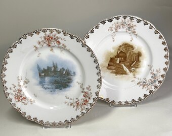 Antique Carlsbad Austria 2 Hand Painted Decorative 7.5” Plates Village Scene 081