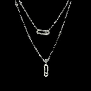 Collar de lazo de plata: cadena de clip de acero inoxidable con colgante de cristal en forma de Y