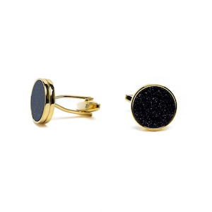Gold Round Cufflinks – Gold Cuff links Black Center 18K Gold Plated Stainless Steel Mens Jewelry – Luxury Wedding Gift, Groom Accessories