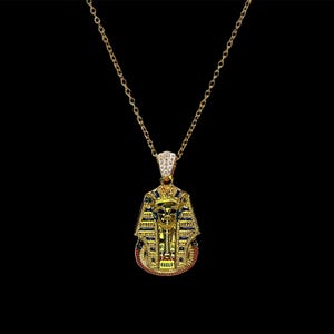 Egyptian King Tut Pharaoh Necklace – Gold-Tone Tutankhamun Mask Pendant with Blue Crystal Accents | Ancient Egypt Amulet Gift for Him