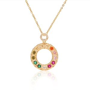 Gold Rainbow Crystal Circle Necklace: Multi Stone Gemstone Pendant