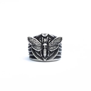 Moth and Crescent Moon Ring: Gothic Stainless Steel Skull Signet